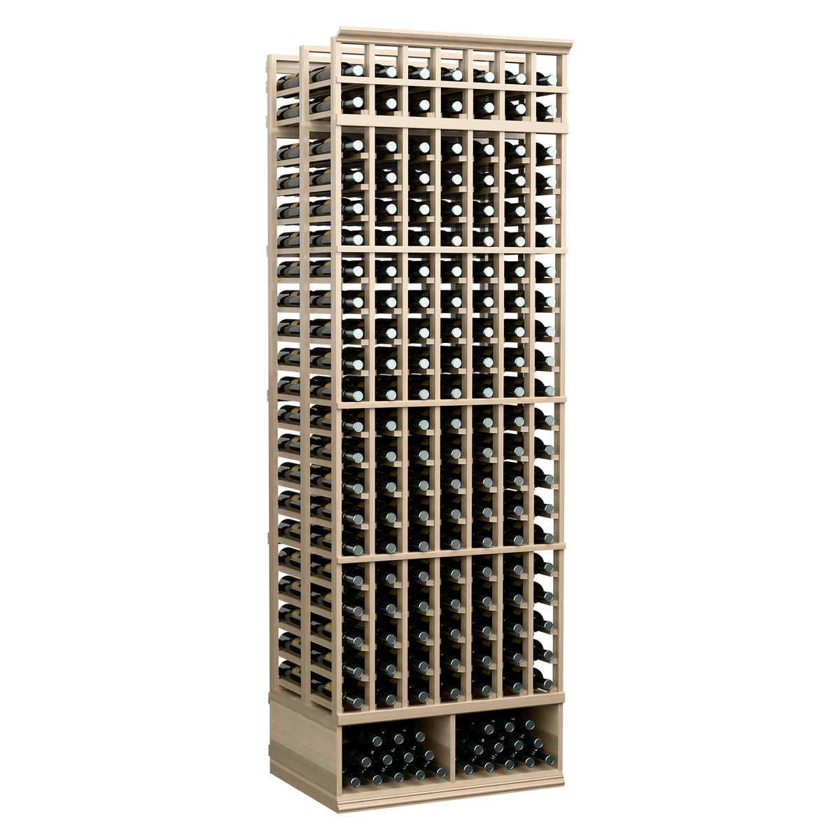 8 ft double-deep wine bottle rack, light frame showing top lattice and bottom bottle base