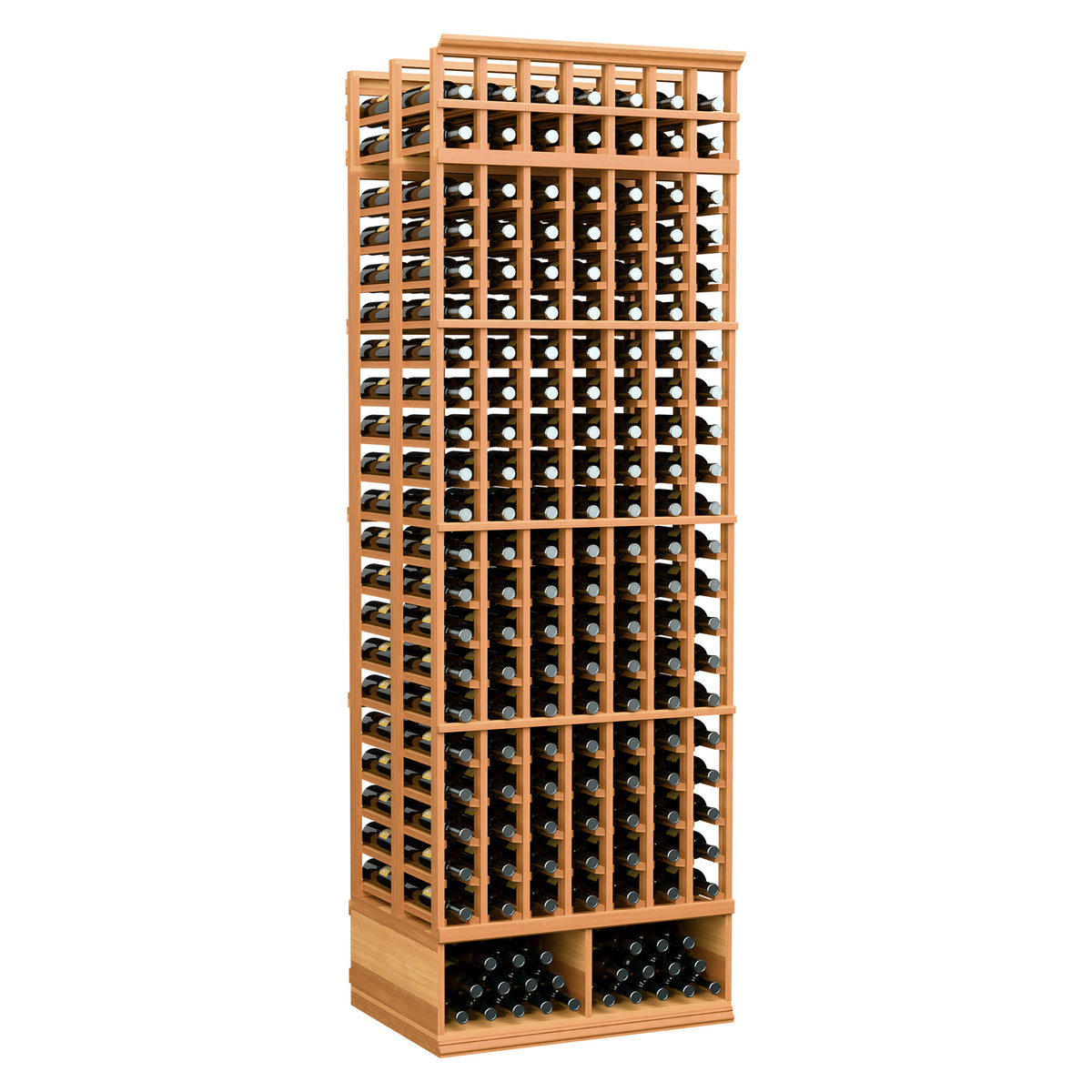 8 ft double-deep wine bottle rack, warm reddish wood frame with 7 columns and slots
