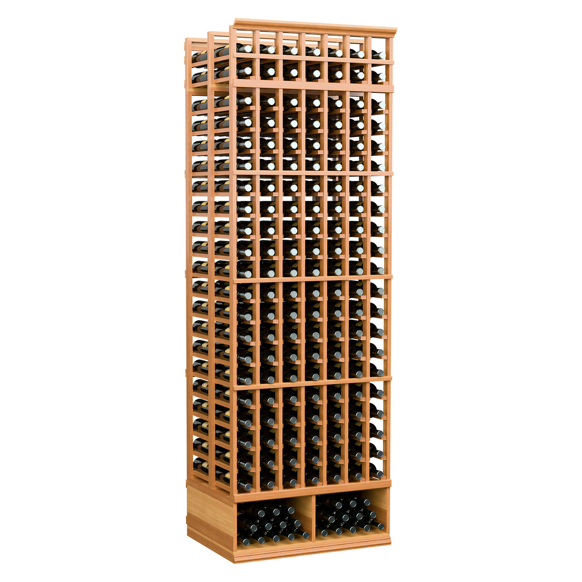 8 ft double-deep wine bottle rack, reddish frame with bottle grid and front bottom holders
