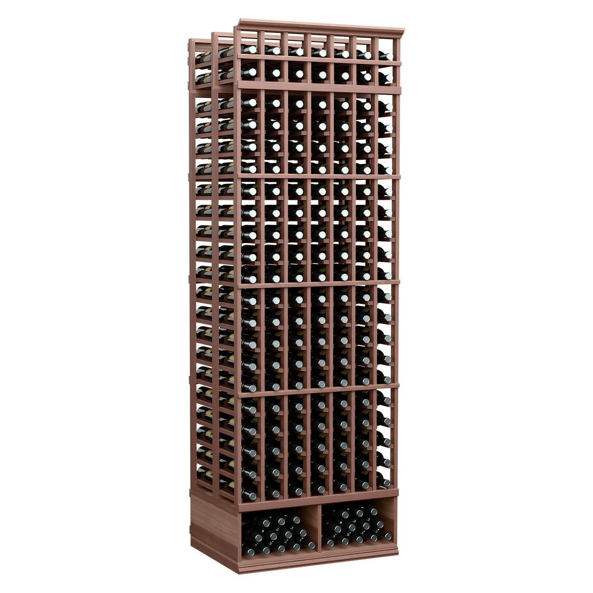 8 ft double-deep wine bottle rack, dark brown wood frame with 7 columns and bottle slots