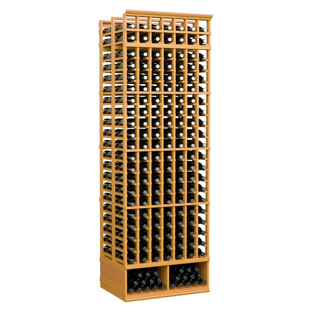 8 ft double-deep wine bottle rack, golden wood frame with 7 columns and bottle slots