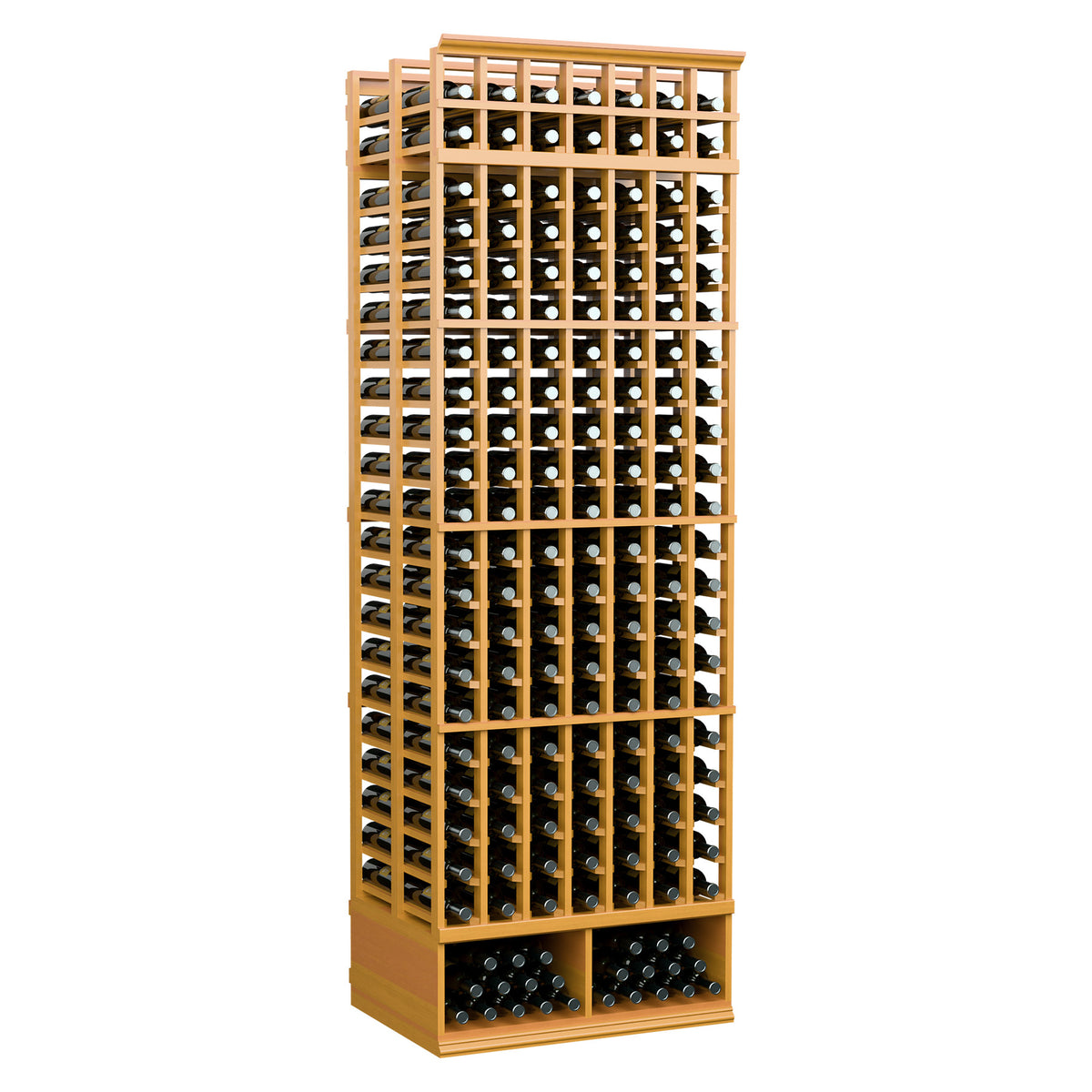 8 ft double-deep wine bottle rack, wheat-tone frame with top lattice and bottom holders