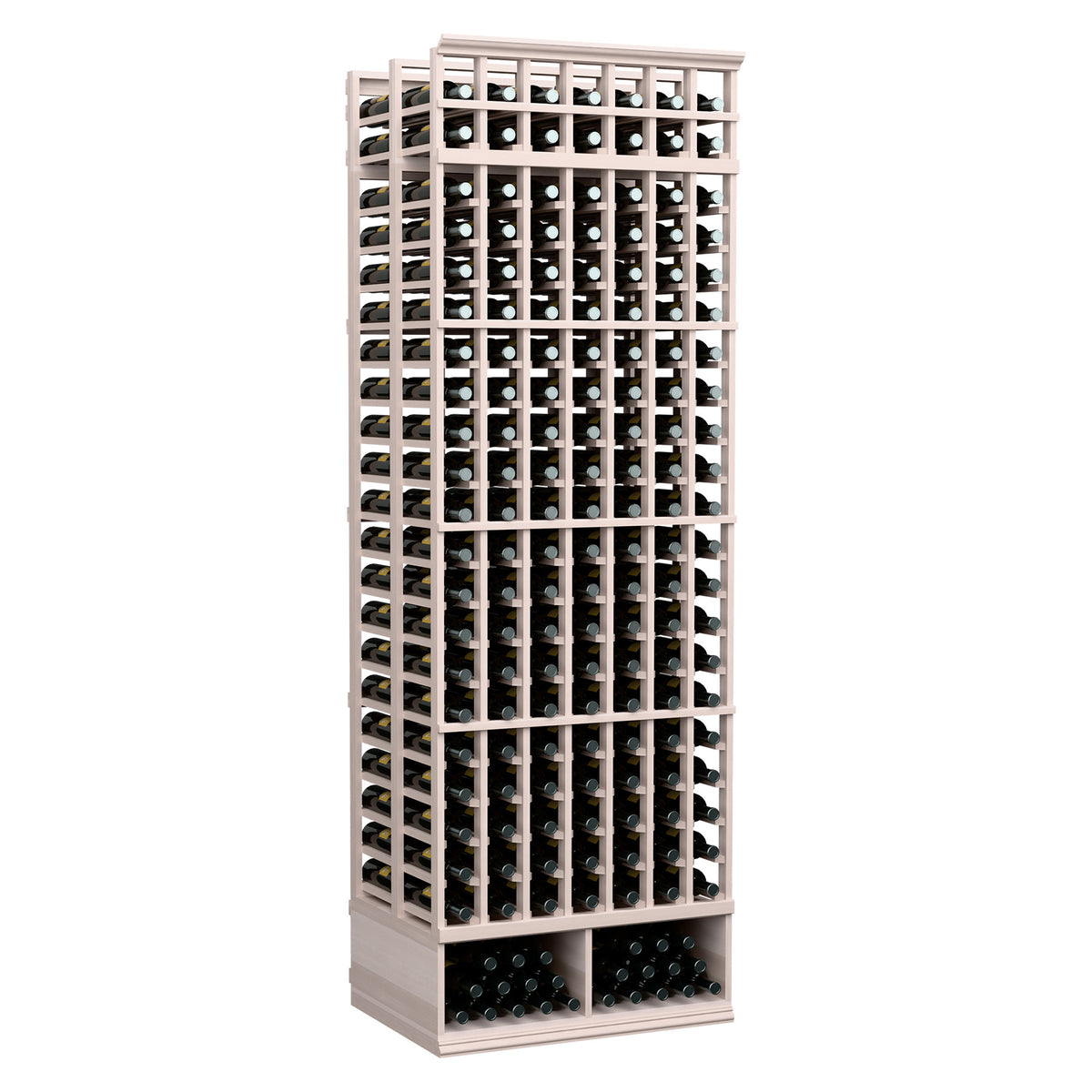 8 ft double-deep wine bottle rack, grey-stained frame with 7 columns and grid slots