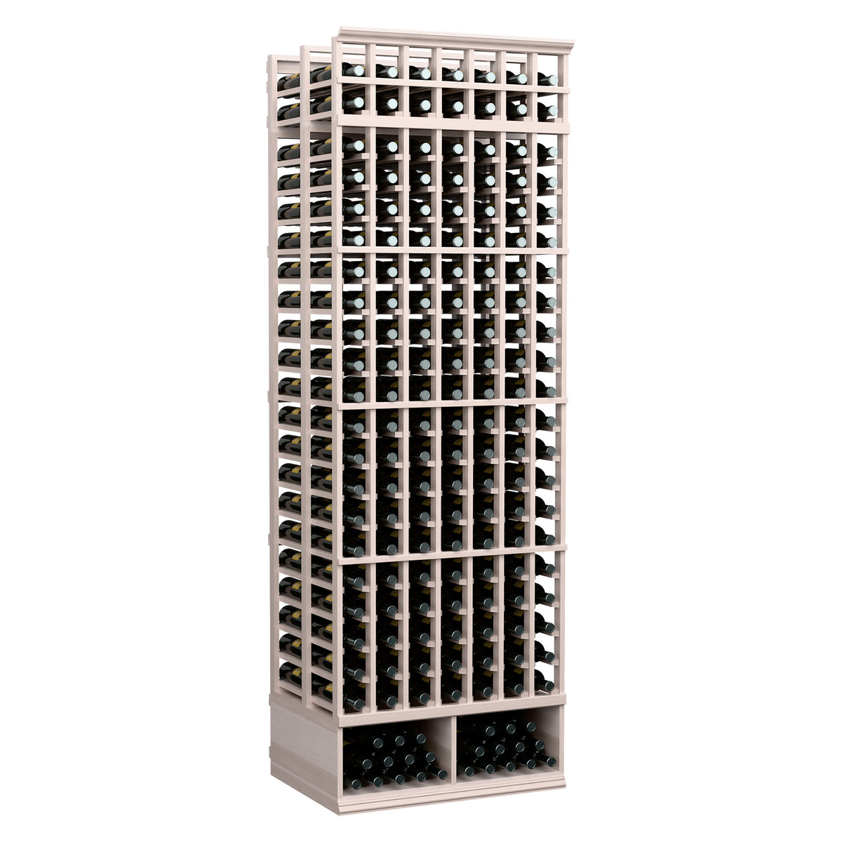 8 ft double-deep wine bottle rack, cool grey frame with bottle grid and bottom tray