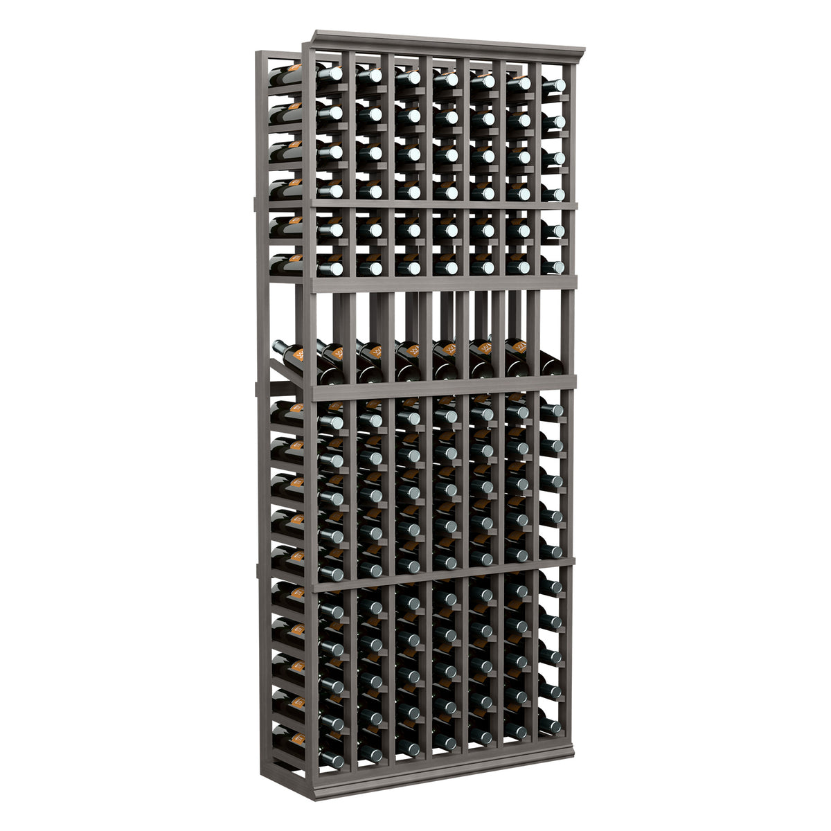 Wine bottle display rack with 7 columns, dark frame, holds many bottles upright.