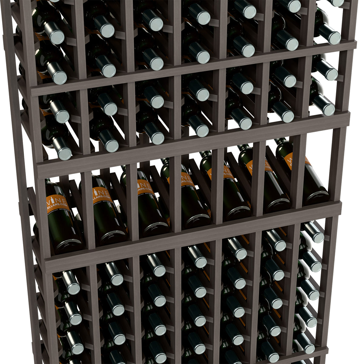 7-column wine bottle display rack close-up, dark frame with bottles in slots.