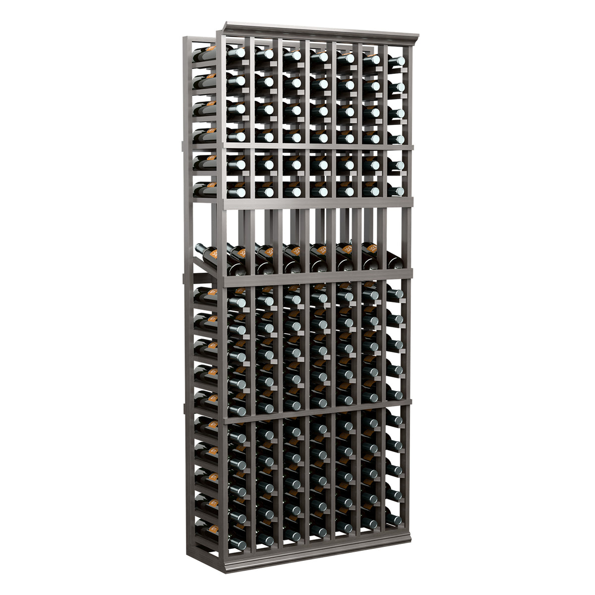 Wine bottle display rack with 7 columns, dark frame and bottle holder grid.