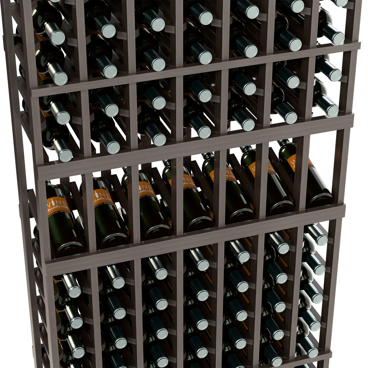 7-column wine bottle display rack close-up, dark frame showing bottle necks.