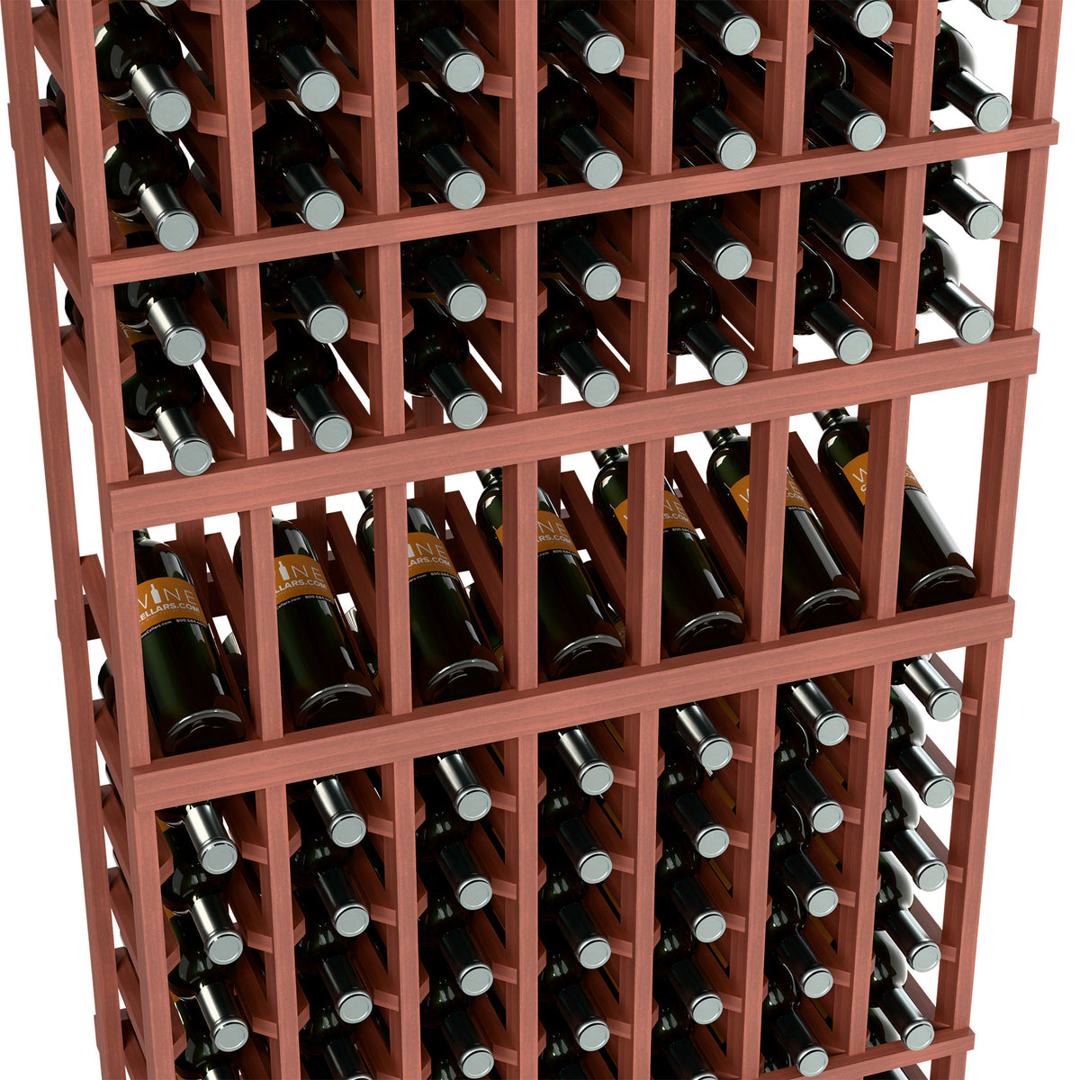 7-column wine bottle display rack close-up, reddish-brown frame with wine bottles.
