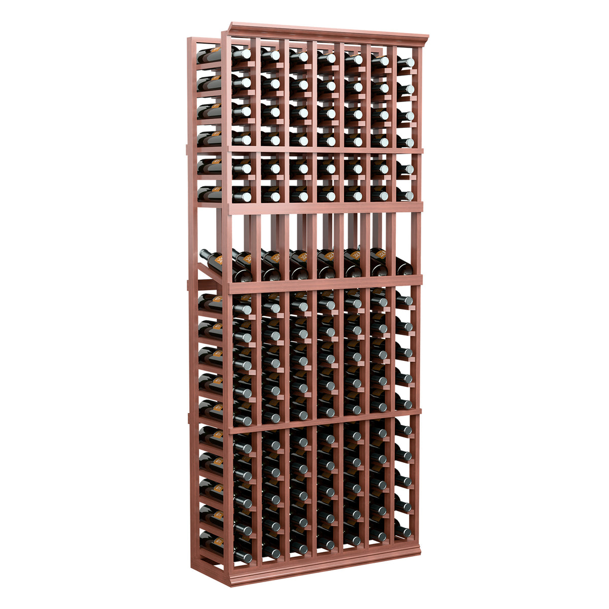Wine bottle display rack with 7 columns, warm wood frame, bottles in a grid.