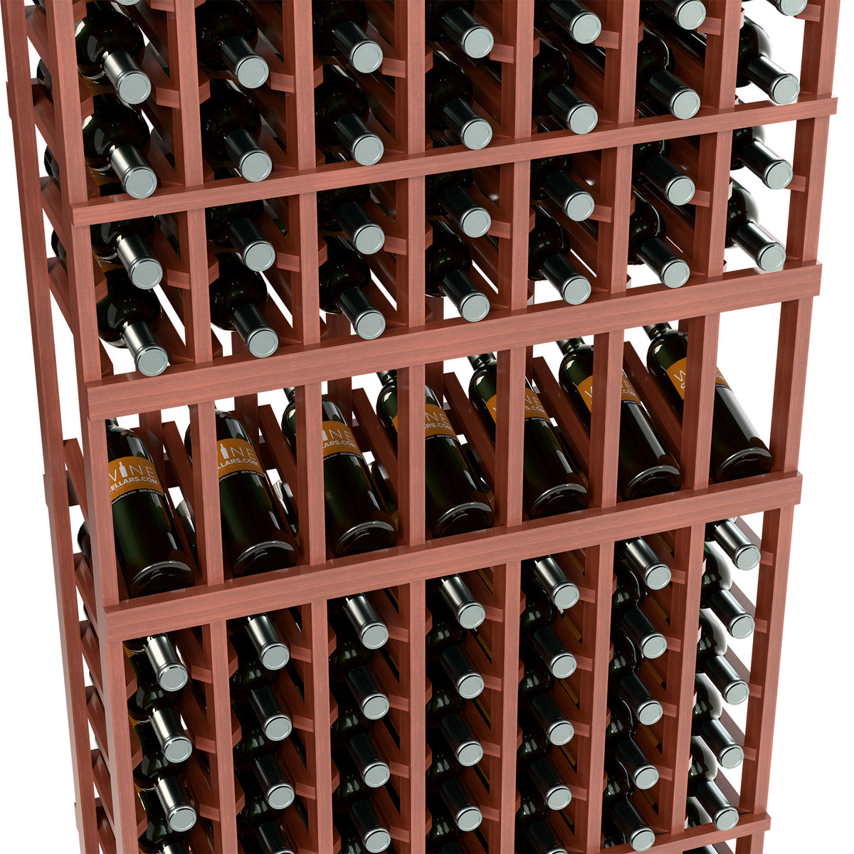 7-column wine bottle display rack close-up, warm wood frame with bottle rows.
