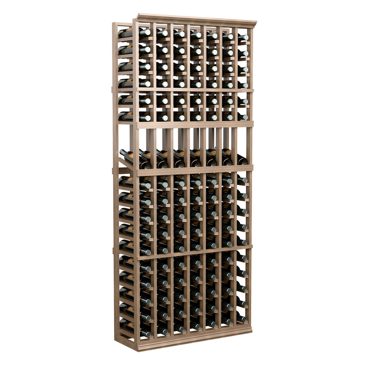 Light wood 7-column wine bottle display rack filled with bottles