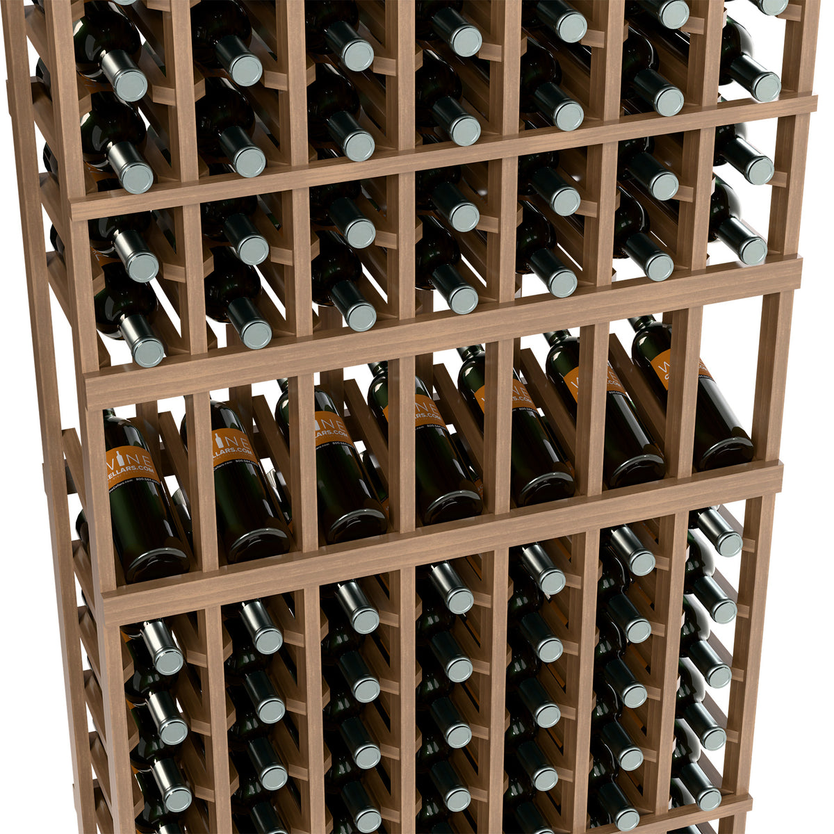 Light wood wine bottle display rack close-up showing bottle holders