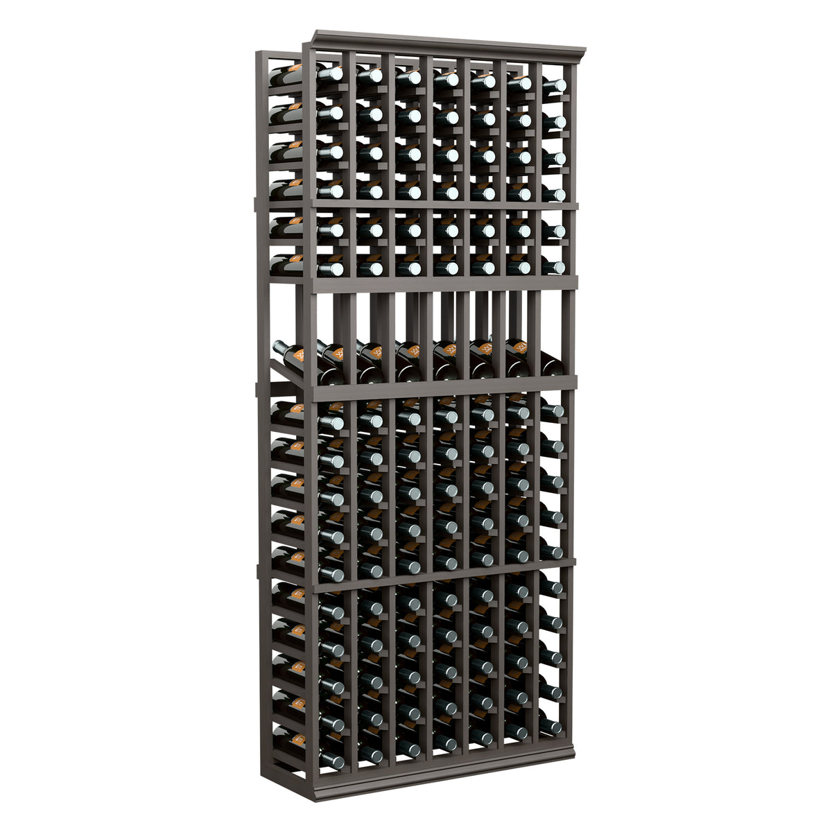 Dark wood 7-column wine bottle display rack with bottle slots