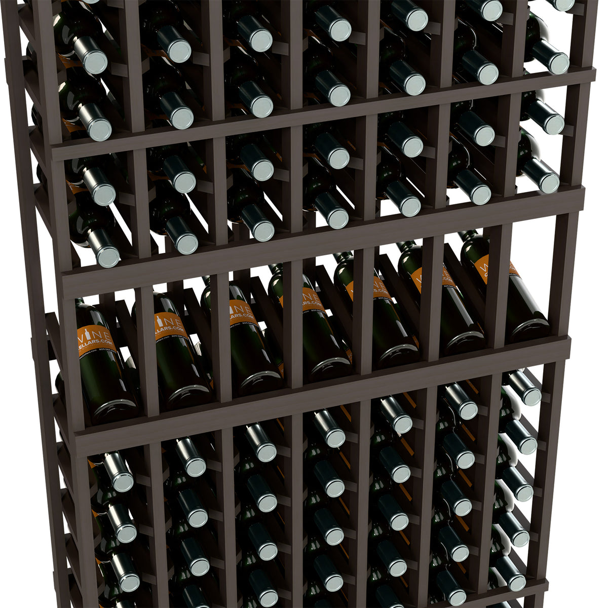 Dark wood wine bottle display rack close-up with bottles in multiple rows
