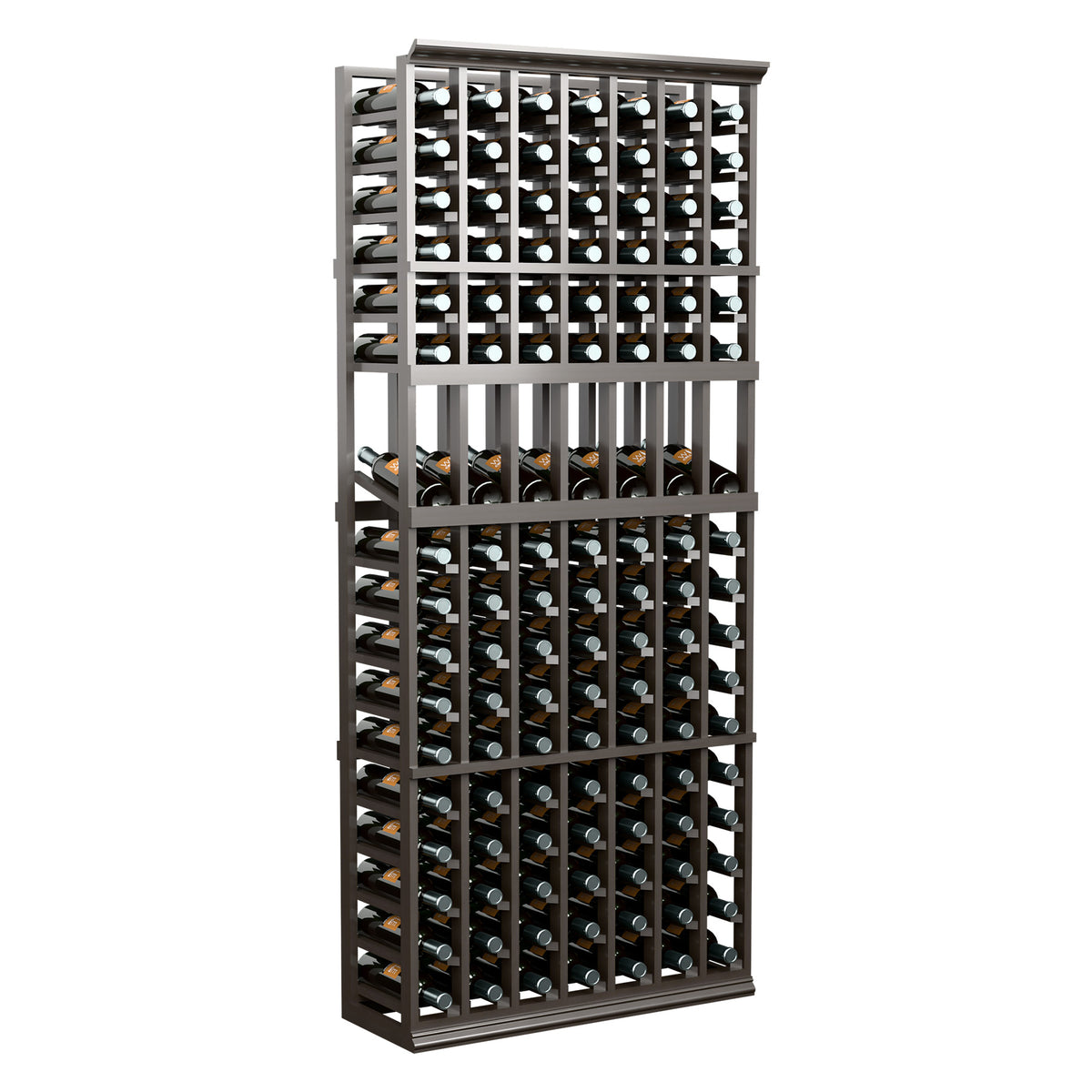 Dark wood 7-column wine bottle display rack filled with bottles