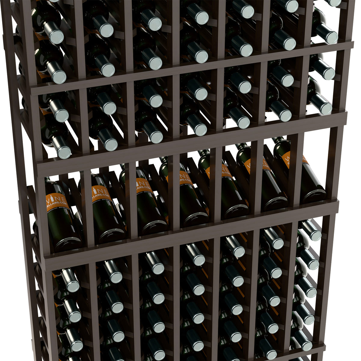 Dark wood wine bottle display rack close-up showing bottle slots and rows