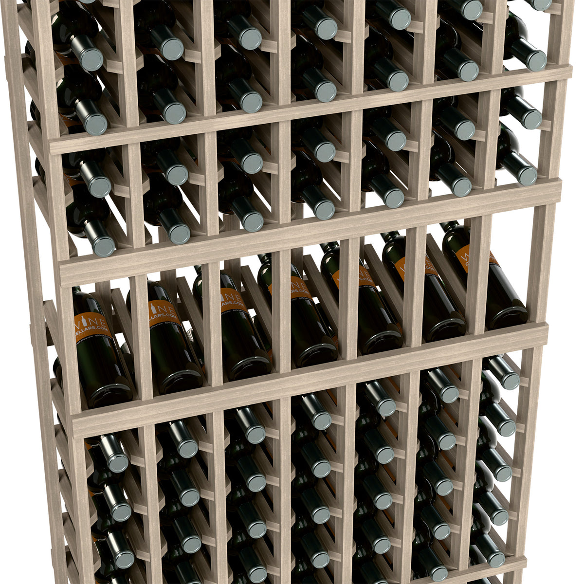 Gray wood 7-column wine rack close-up, bottles stored upright in grid slots