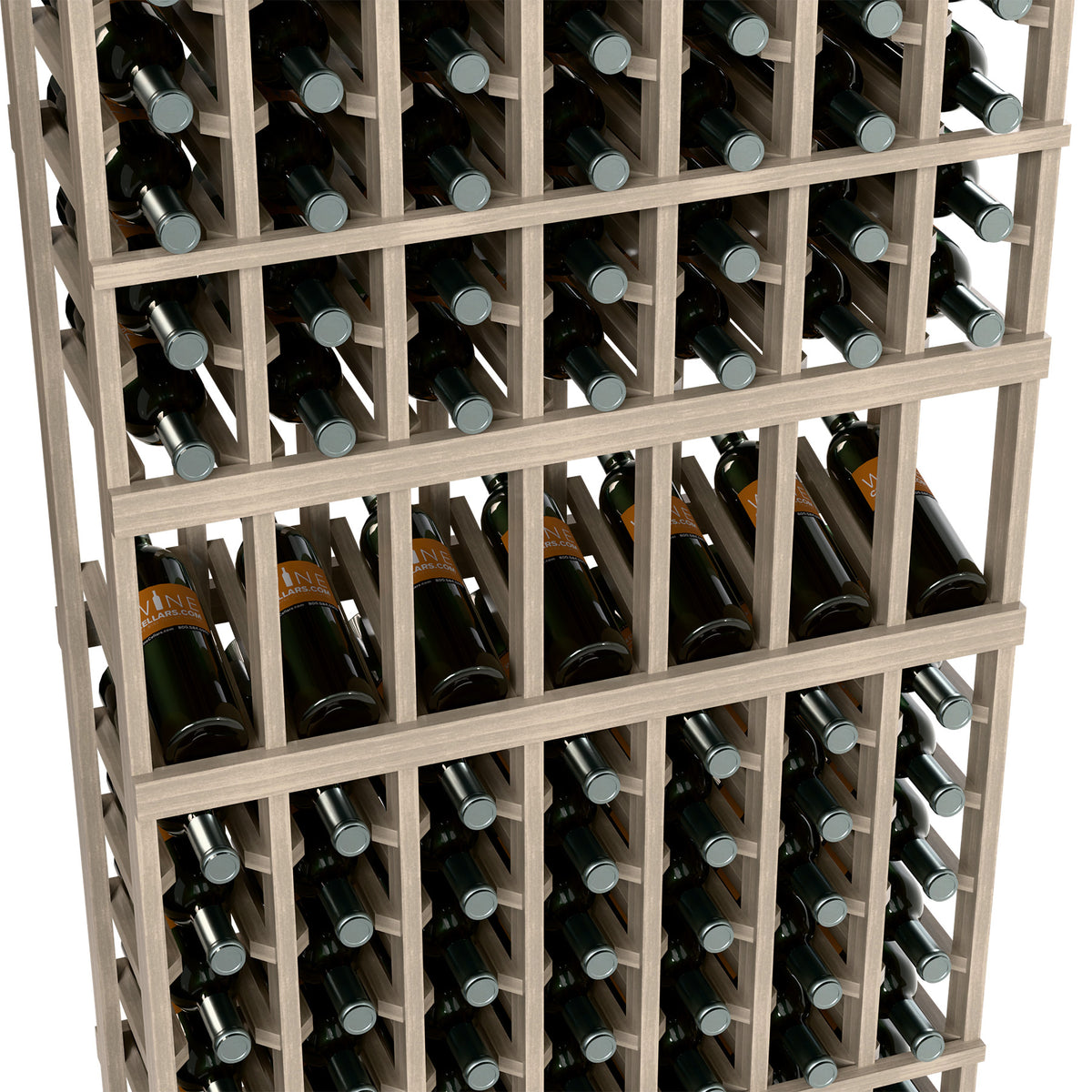 Close-up of gray wood 7-column wine bottle rack holding dark bottles upright
