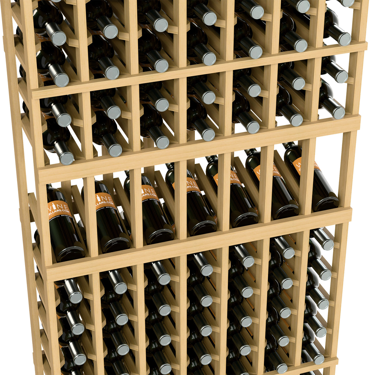 Light wood 7-column wine rack close-up, bottles stored upright in grid slots