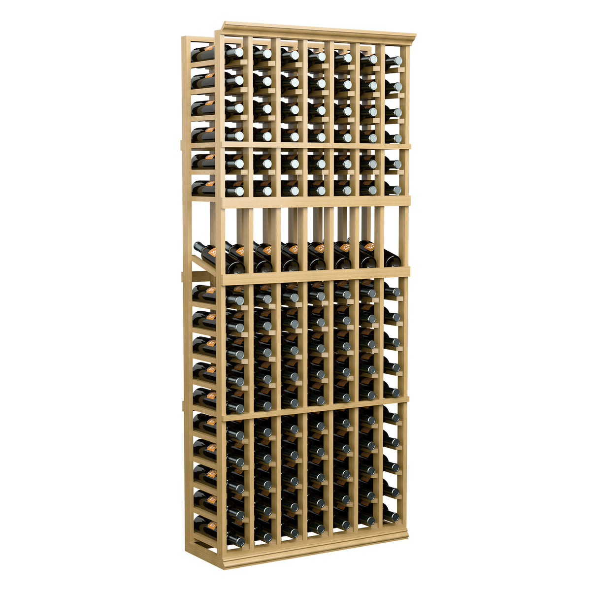 Front view light wood 6FT wine bottle rack with 7 columns and bottle rows
