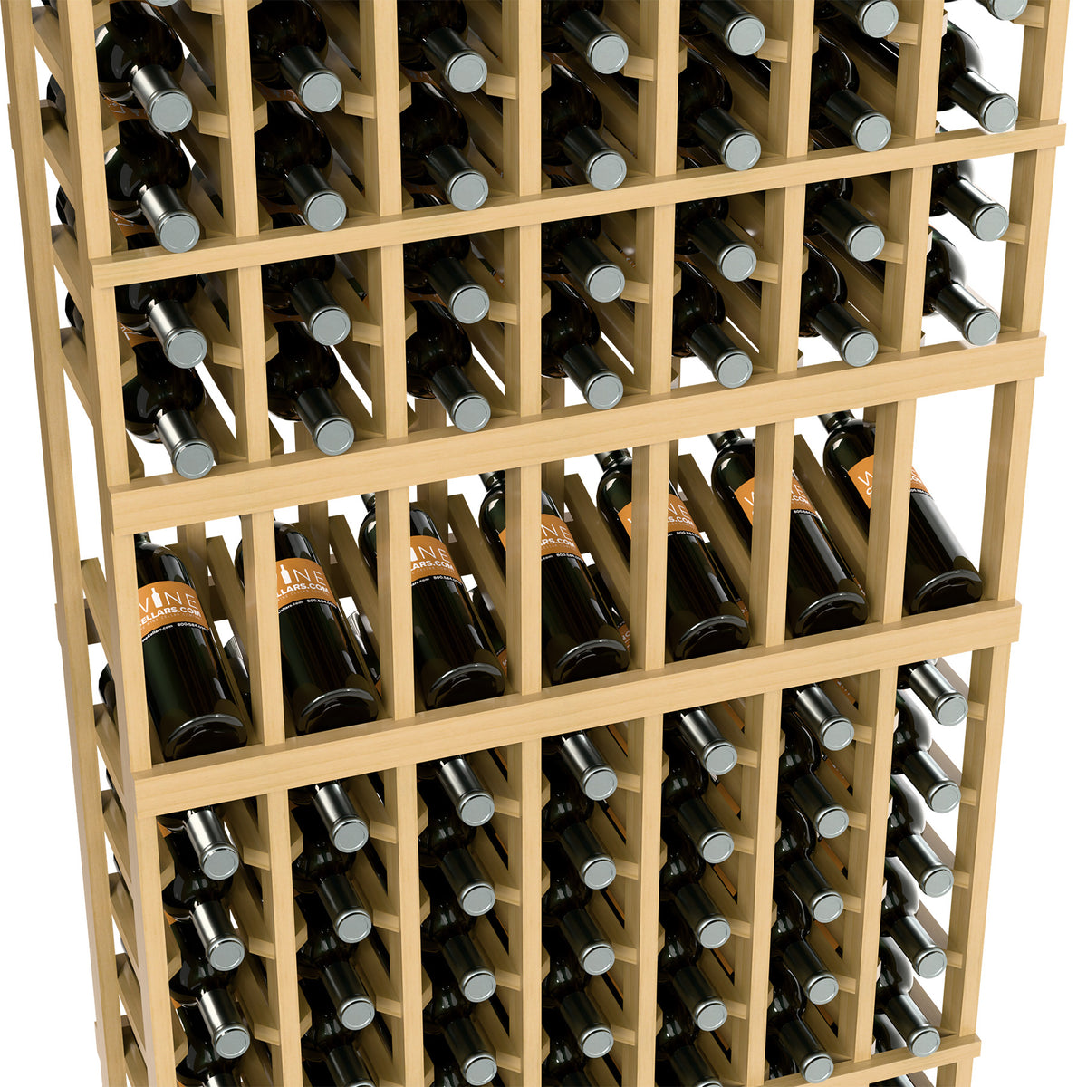 Light wood 7-column wine bottle display rack close-up, bottles in upright slots