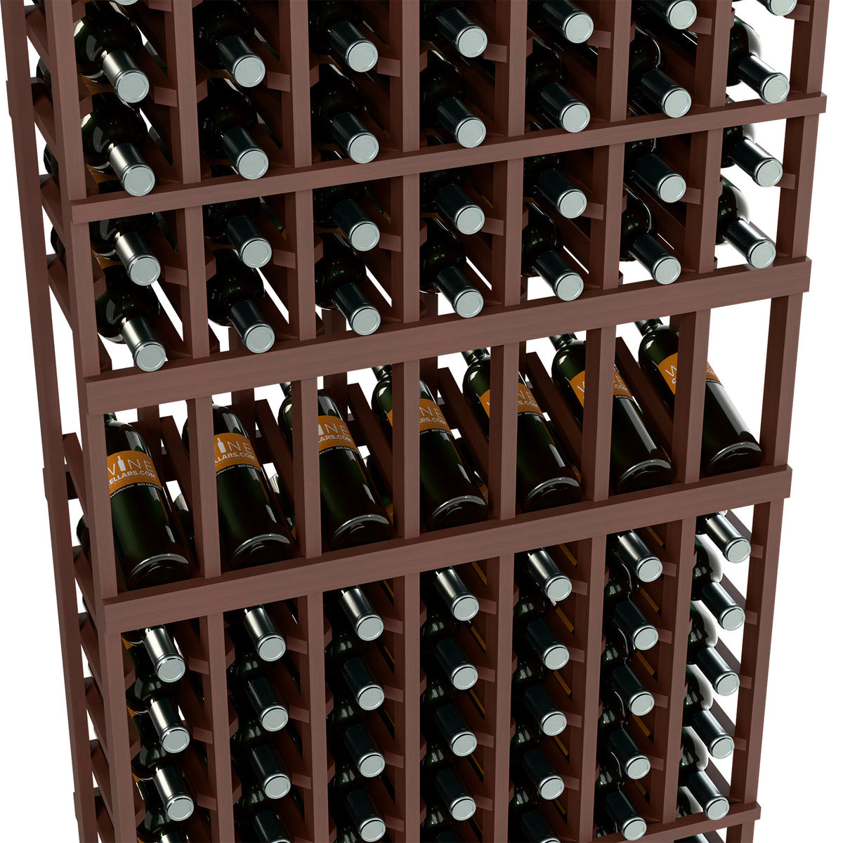 Dark brown 7-column wine rack close-up with bottles and silver caps in slots