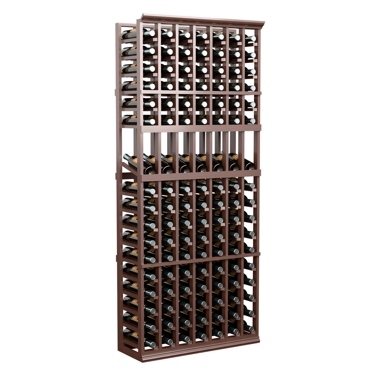 Dark wood wine bottle display rack with multiple horizontal bottle slots