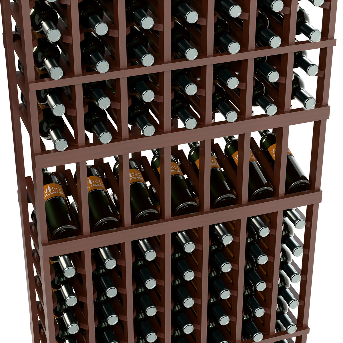 Close-up of dark wood wine bottle rack with green bottles and metal bottle caps