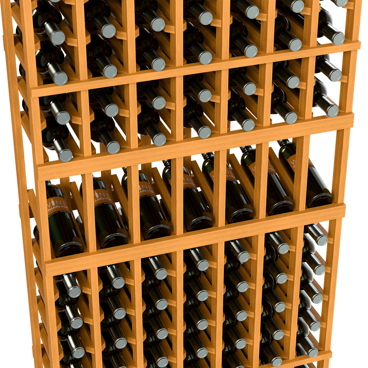 Close-up of light wood wine bottle rack with dark bottles and silver caps