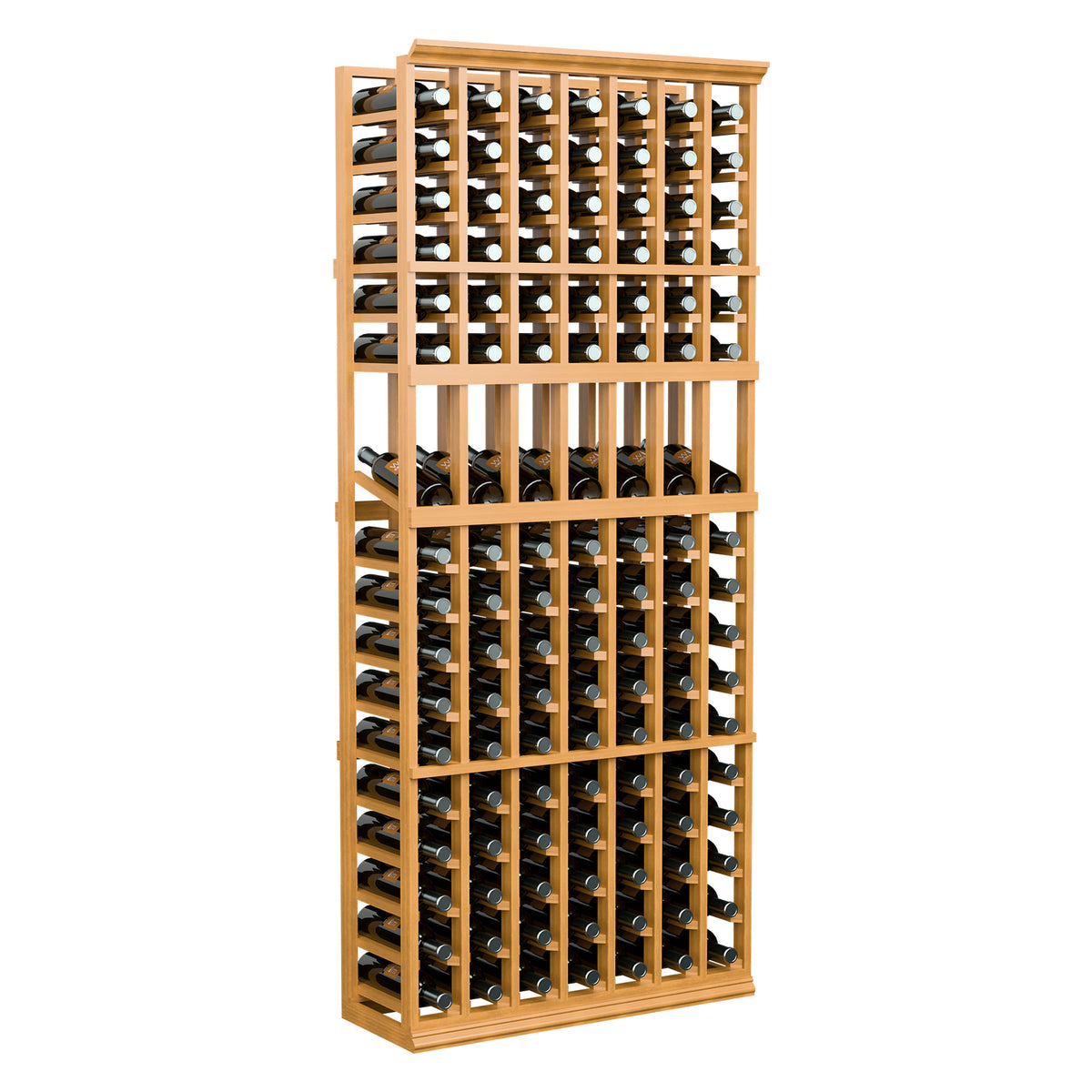 Light wood wine bottle display rack with multiple horizontal bottle slots