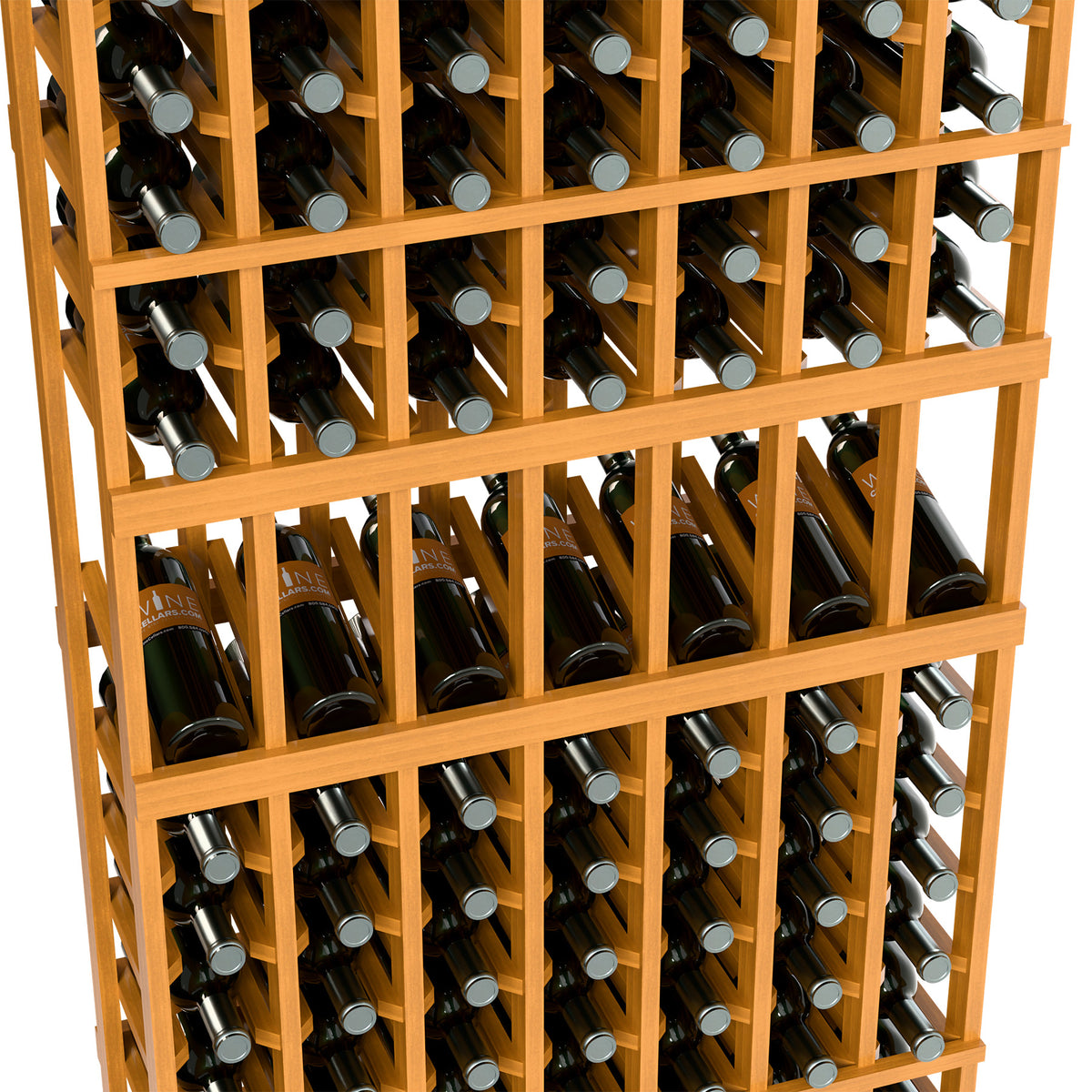 Close-up of light wood wine bottle rack with dark bottles and silver bottle caps