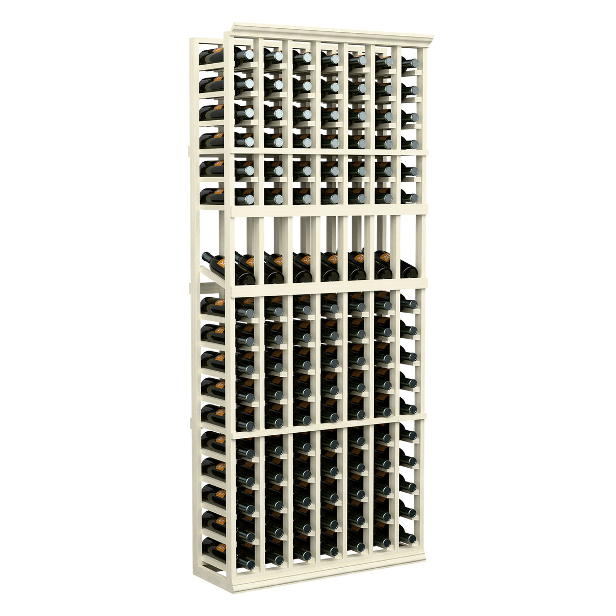 White wine bottle display rack with multiple horizontal bottle slots