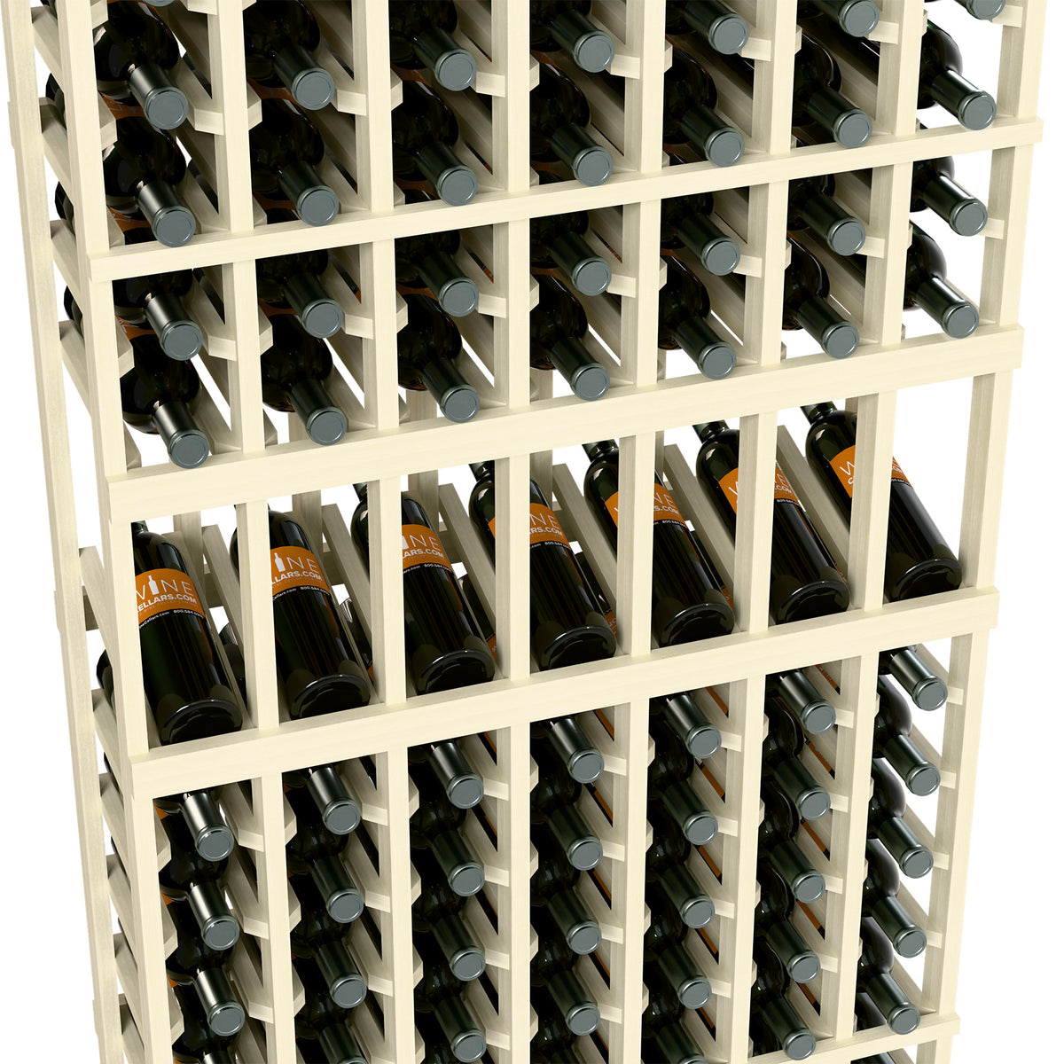Close-up of white wine bottle rack with dark bottles and silver bottle caps