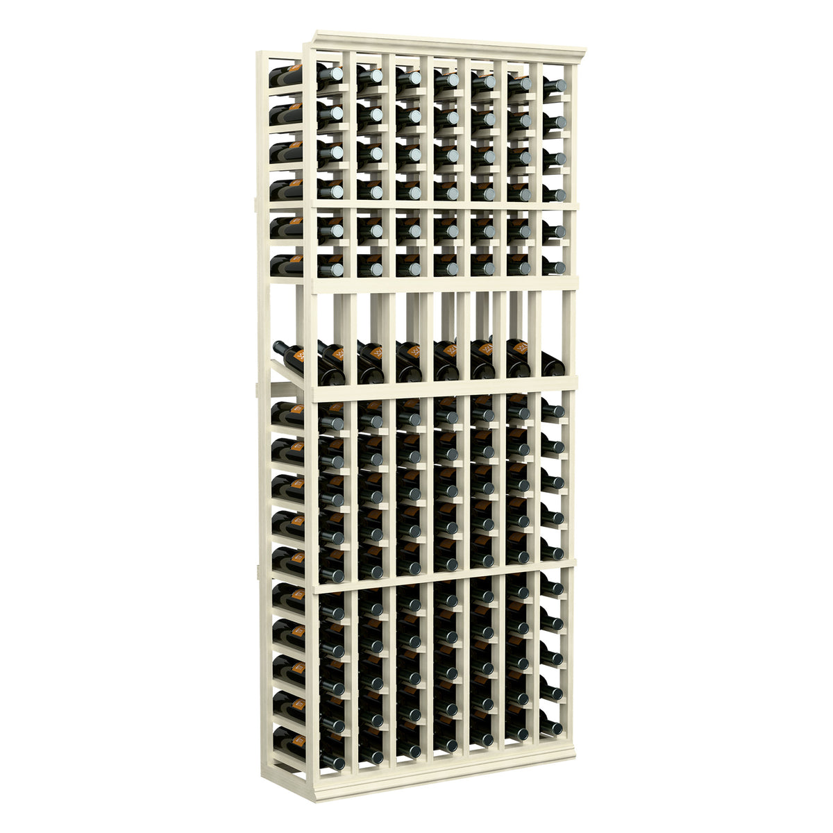 White wine bottle display rack with multiple horizontal bottle slots