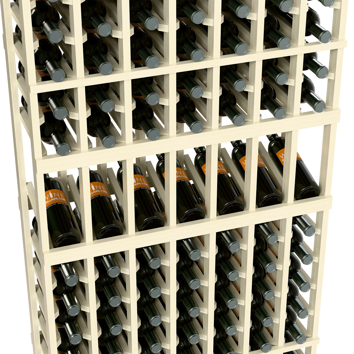 Close-up of white wine bottle rack with dark bottles and silver bottle caps