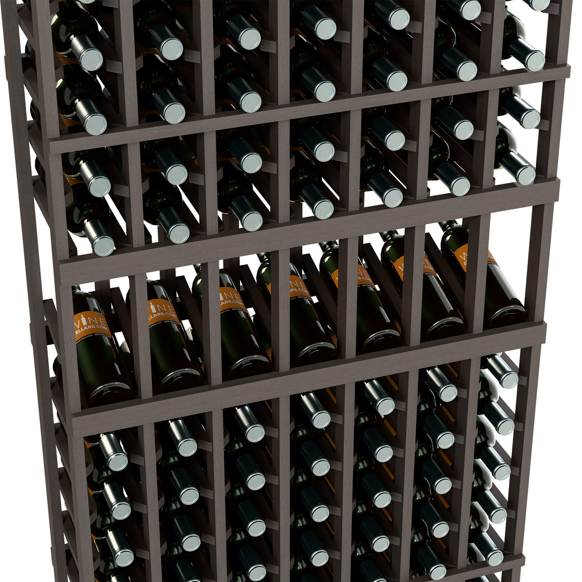 Charcoal wine bottle display rack showing rows of bottles and capped necks