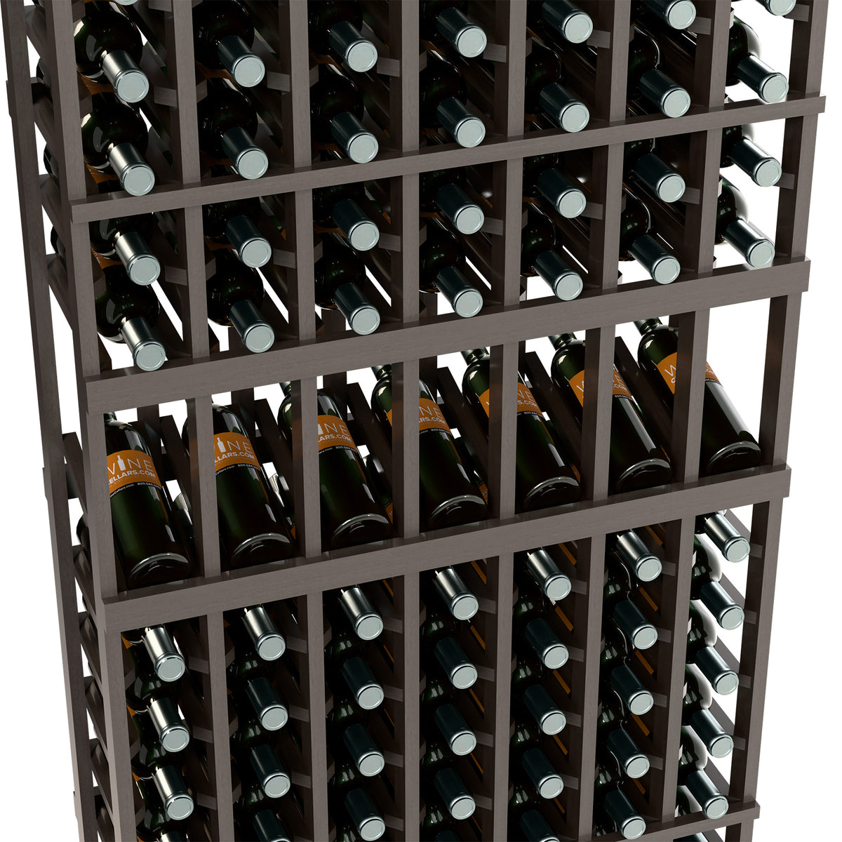Charcoal wine bottle display rack close-up of bottle rows and dividers