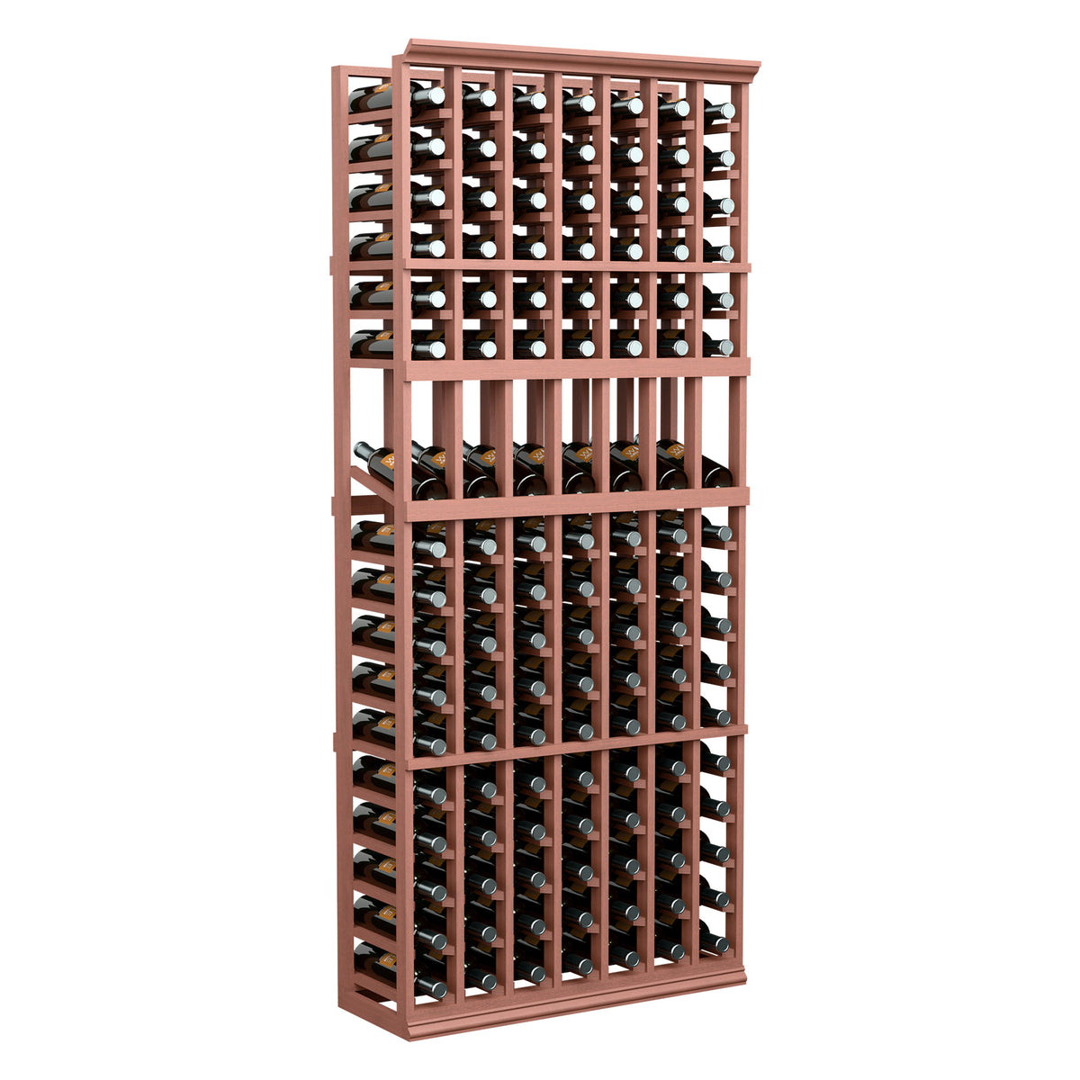 Red wood 7-column wine bottle display rack with angled bottle slots