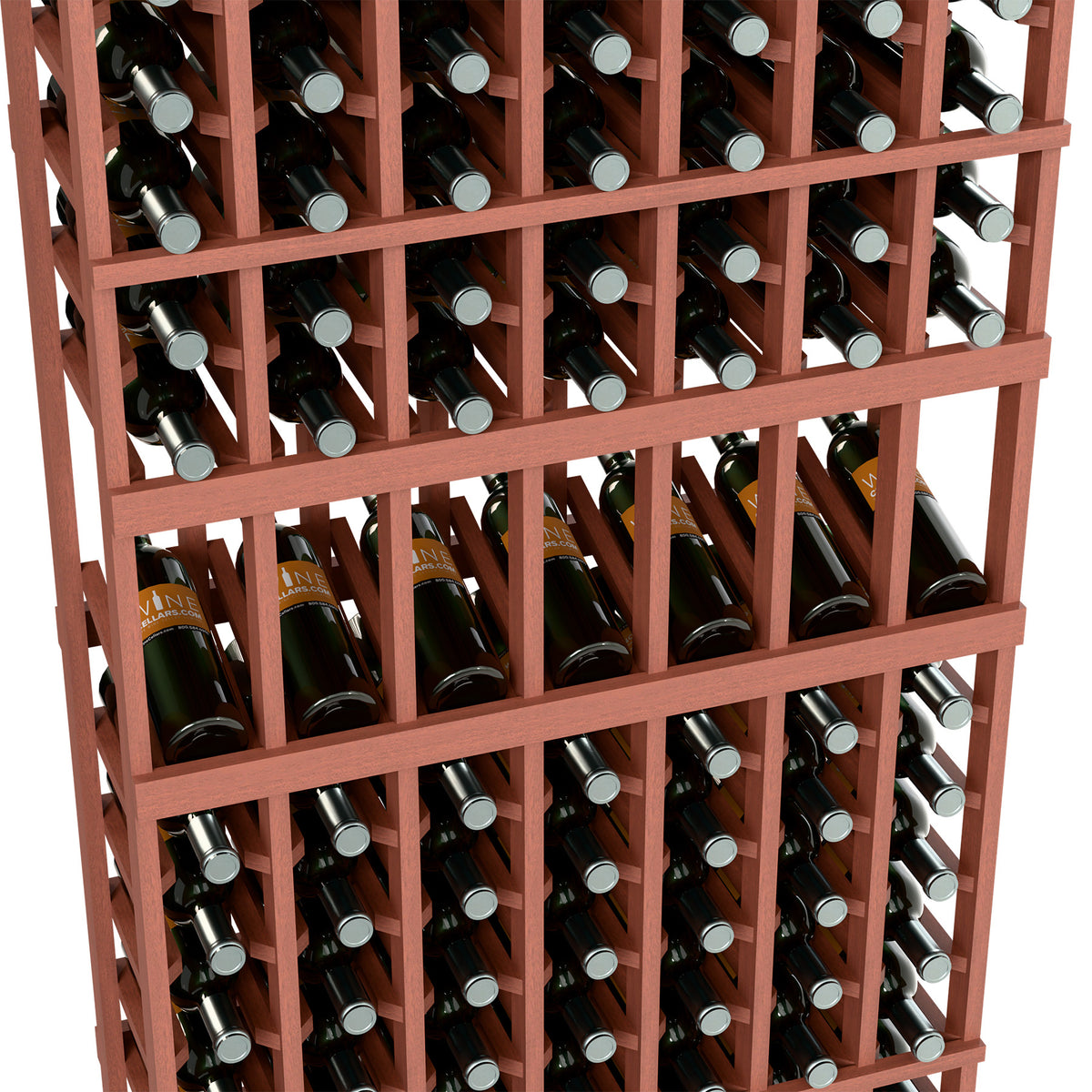 Red wood wine bottle display rack close-up with rows of bottles