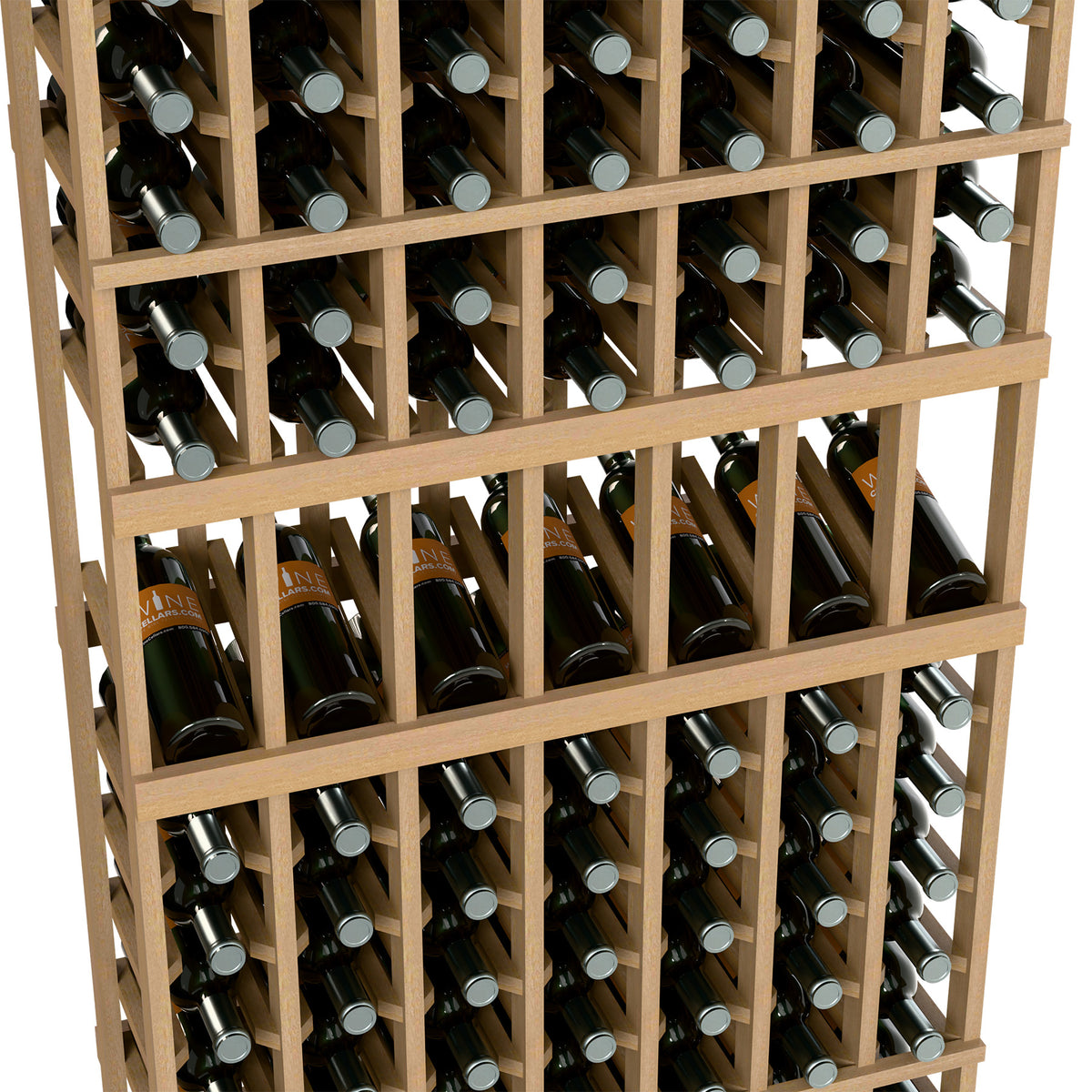 Light wood wine bottle display rack close-up showing rows of wine bottles