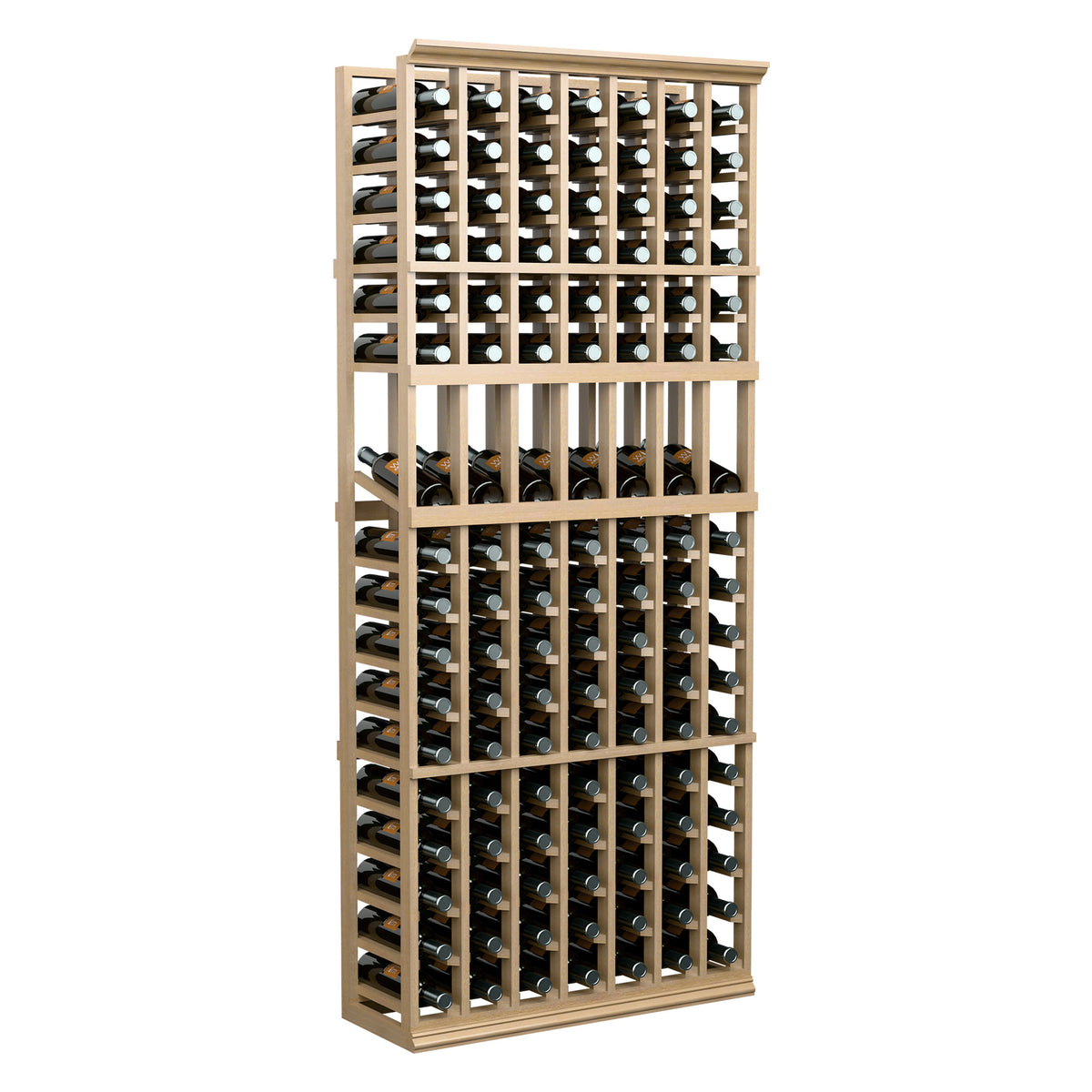 7-column wine bottle display rack in light wood, 6-ft tall, front view