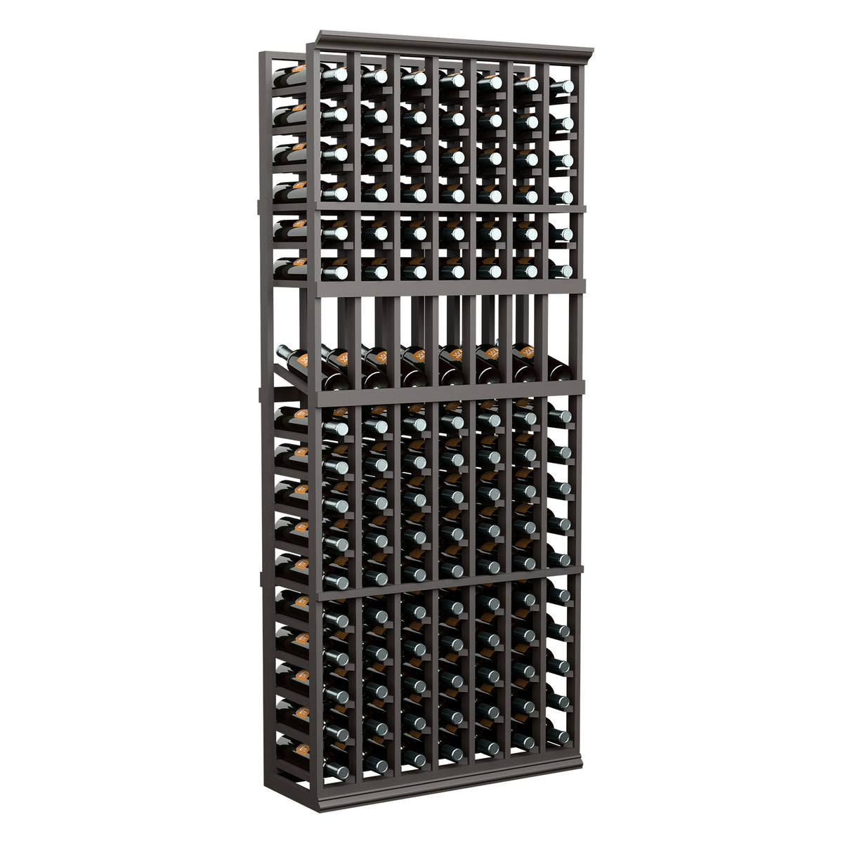 7-column wine bottle display rack in dark wood, 6-ft tall, front view