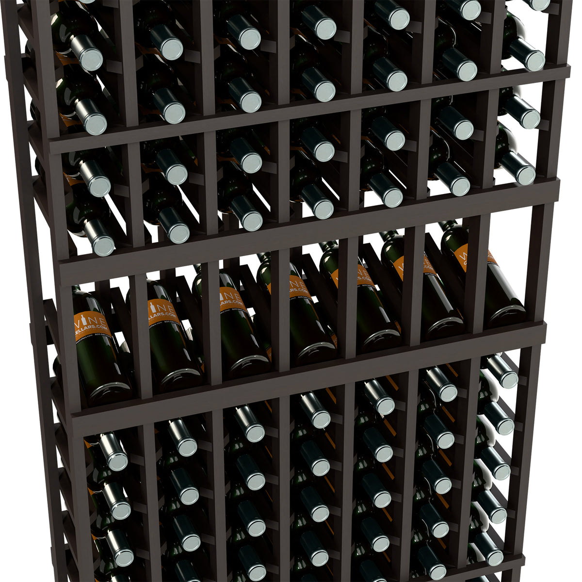 Dark wood wine bottle rack with bottle slots, close-up of rows