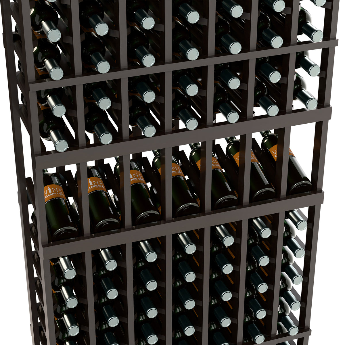 Dark wood wine bottle rack close-up showing bottles in grid holders