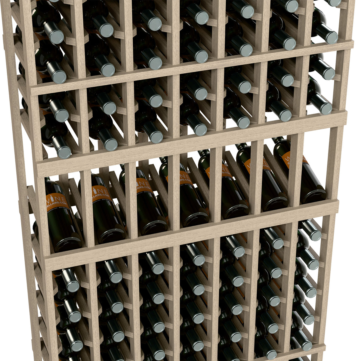 Close-up of light wood 7-column wine bottle rack with bottles in slots