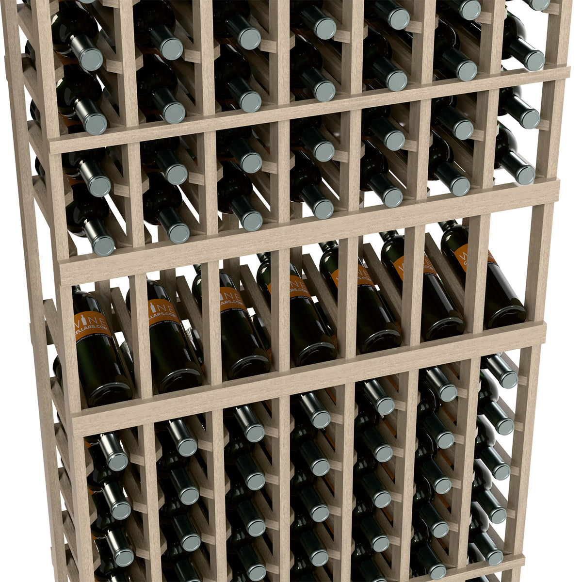 Close-up of light wood 7-column wine bottle display rack with bottle necks