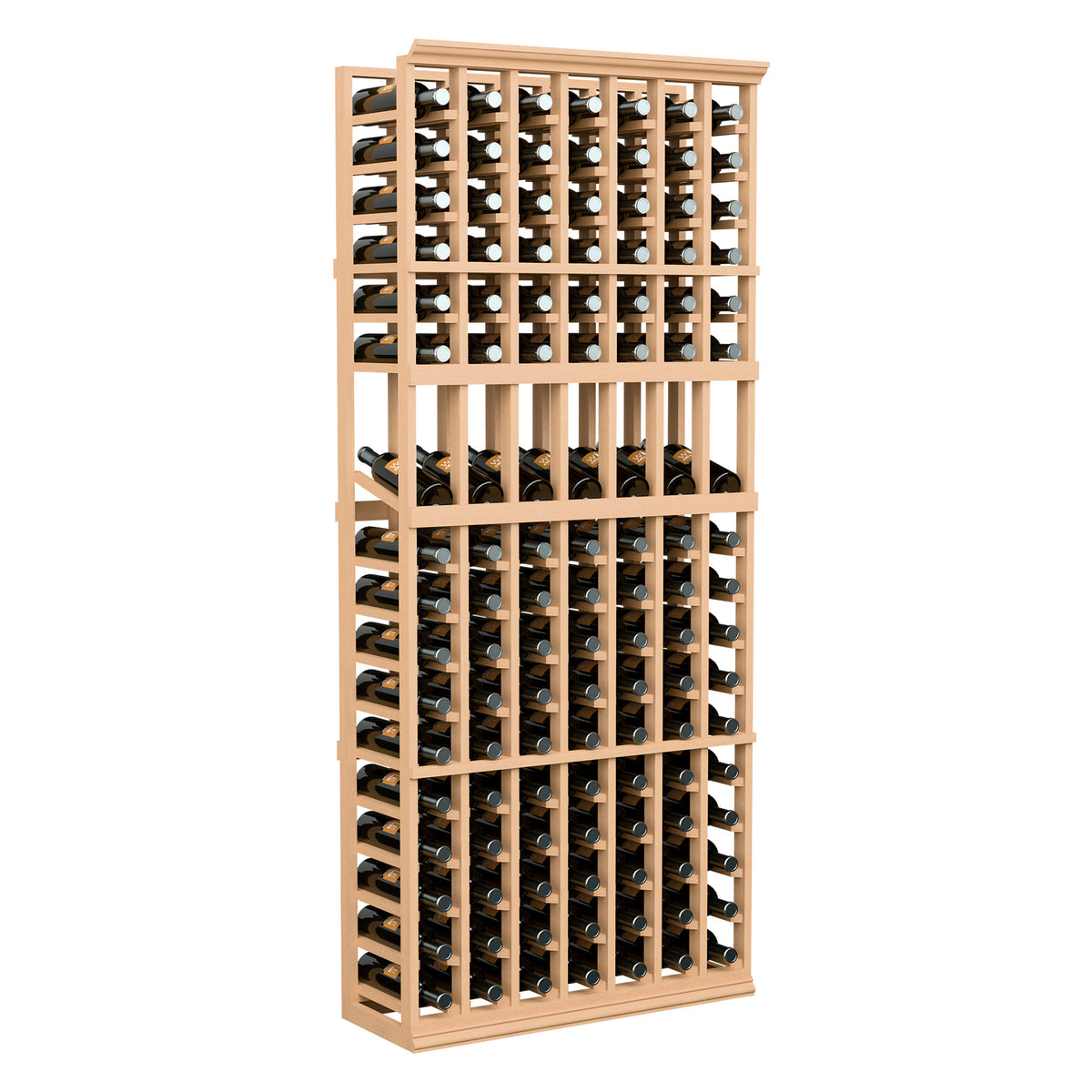 Natural-toned 7-column wine bottle display rack with bottles stored upright