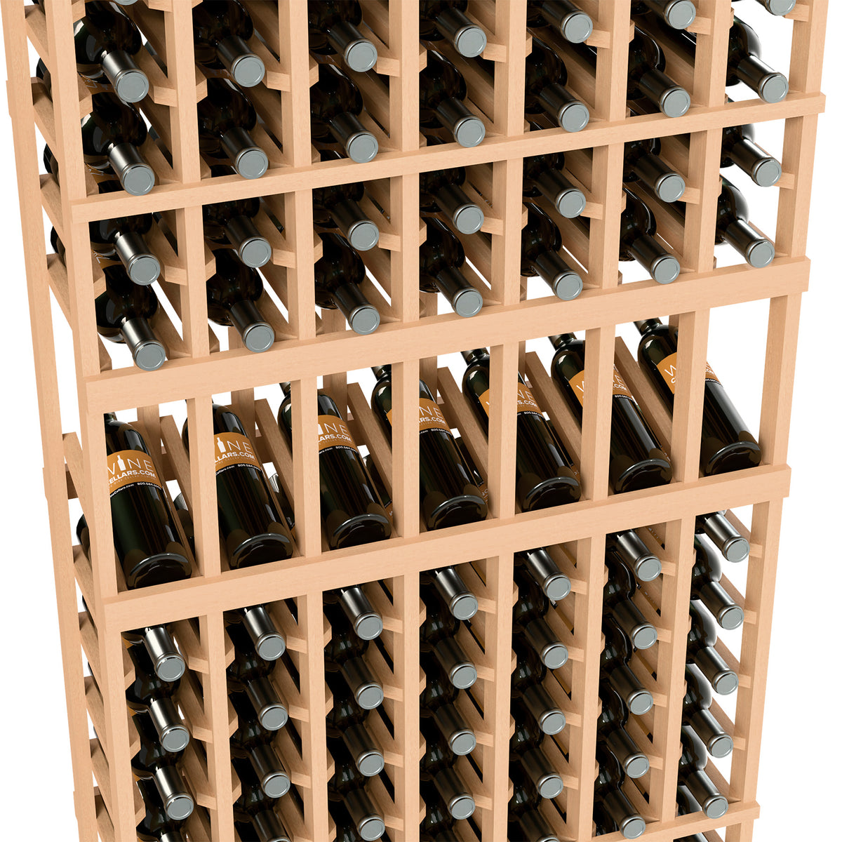 Close-up view of natural-toned wine bottle rack with bottles in each column