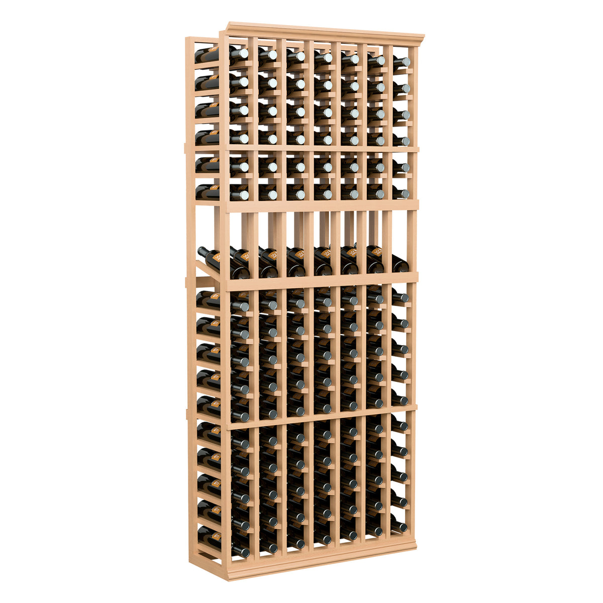 Natural-toned 7-column wine bottle display rack showing full bottle layout